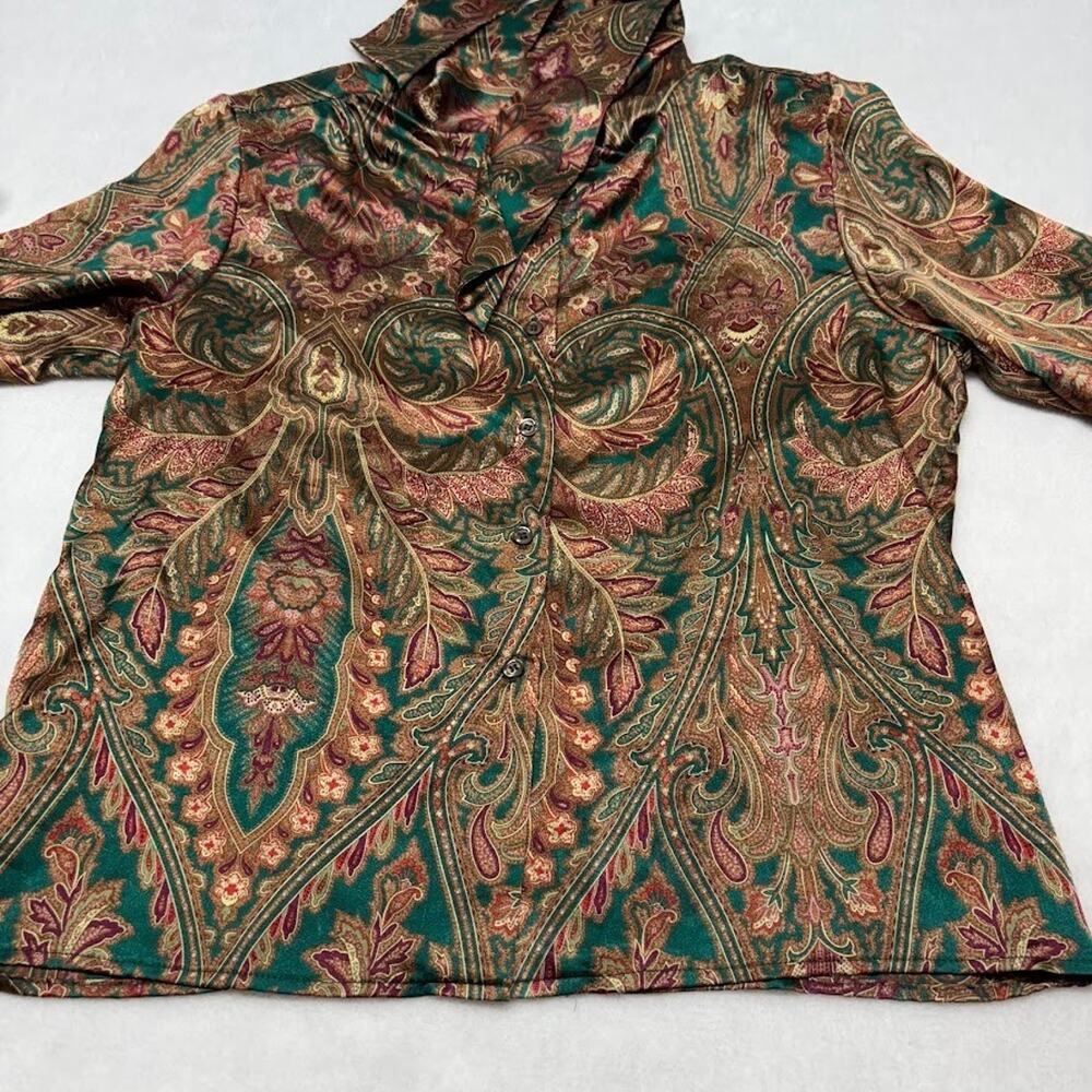 VTG RUSS Paisley Print Tie Neck Blouse Faux Silk Shirt Gold Green Womens Size 16 - Picture 7 of 12
